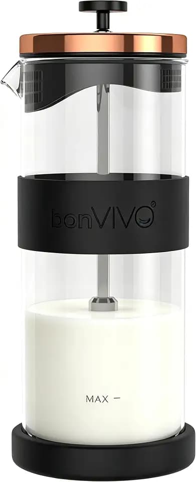 bonVIVO - Manueller Milchaufschäumer aus Edelstahl, Glas und Edelstahl, Fomo, Sahneaufschäumer für Cappuccino, Manueller Milchaufschäumer mit feinmaschigem Sieb, 400 ml