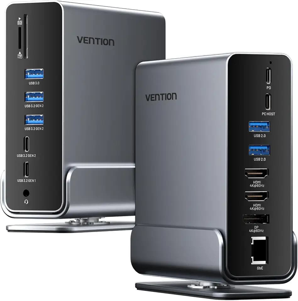 VENTION 15-in-1 Laptop Docking Station Dual Monitor, 360° Roatable Triple Monitor Docking Station with 2 * 4K HDMI and 1*DP, PD 100W Charging for Laptop, 10Gbps USB Port Transfer, RJ45, Audio, SD/TF