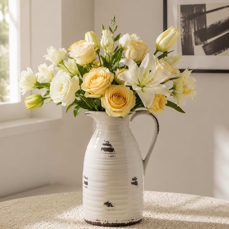 hjn Farmhouse Pitcher Vase for Flowers- Ceramic Pitcher Vase Decrative Pitchers for Your Kitchen/Home Decor/Office/Living Room/Bookshelf/Mantel/-Vintage