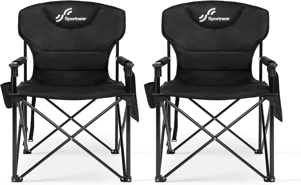 Sportneer Oversized Heavy Duty Camping Chair 500 LBS Capacity, Folding Portable Chair with Padded Seat, Strong Armrests for Easy Standing, Cup Holder & Side Storage Bag, Outdoor Camping Fishing Chair