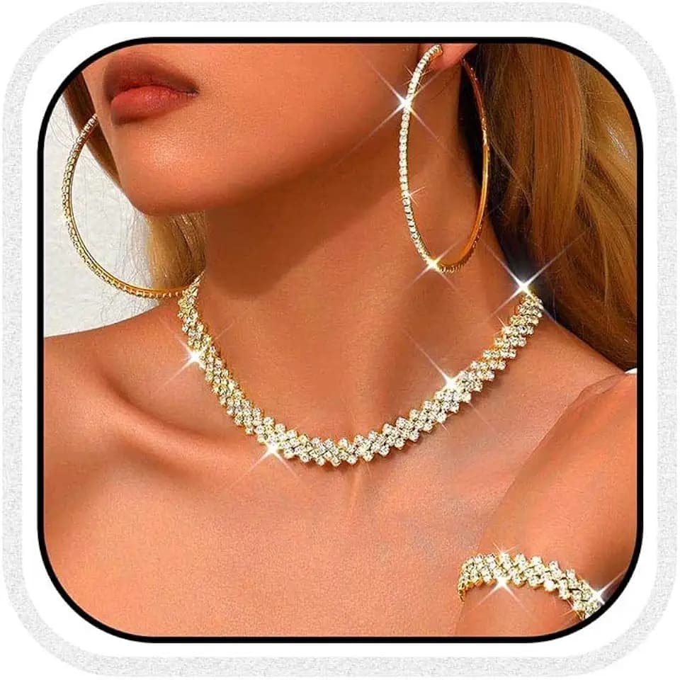 Unicra Black Jewelry Sets Rhinestone Necklace Hoop Earrings Bracelet Set Prom Formal Sparkly Costume Jewelry Sets for Women