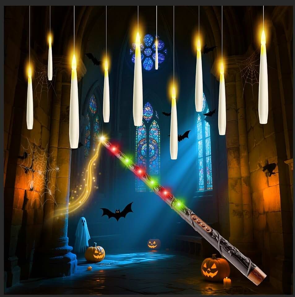 20 Stück LED Schwebende Kerzen mit Zauberstab Fernsteuerung, 2 Timer Funktionen, Batteriebetrieben, LED Hängende Flackernde Floating Candles für Halloween Deko Weihnachtsdekoration