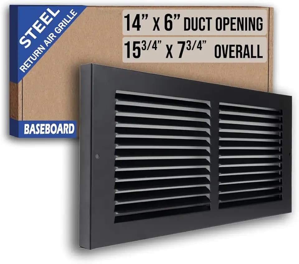 Fits 14x6 Duct Opening | Steel Baseboard Return Air Grille by Handua | Vent Cover Grill | 7/8" Margin Turnback [Depth] to Fit Baseboard | Black | Outer Dimensions: 15.75"W X 7.75 "H