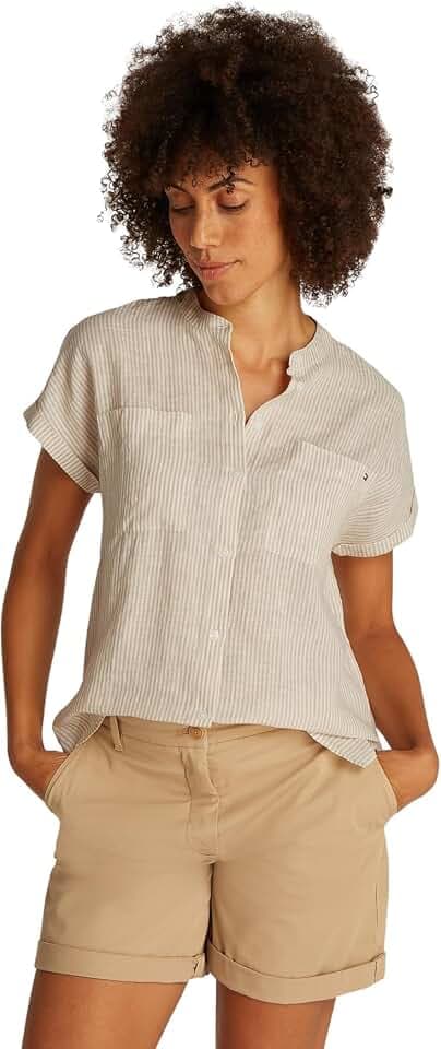 Tommy Hilfiger Damen Bluse Linen Collarless Kurzarm
