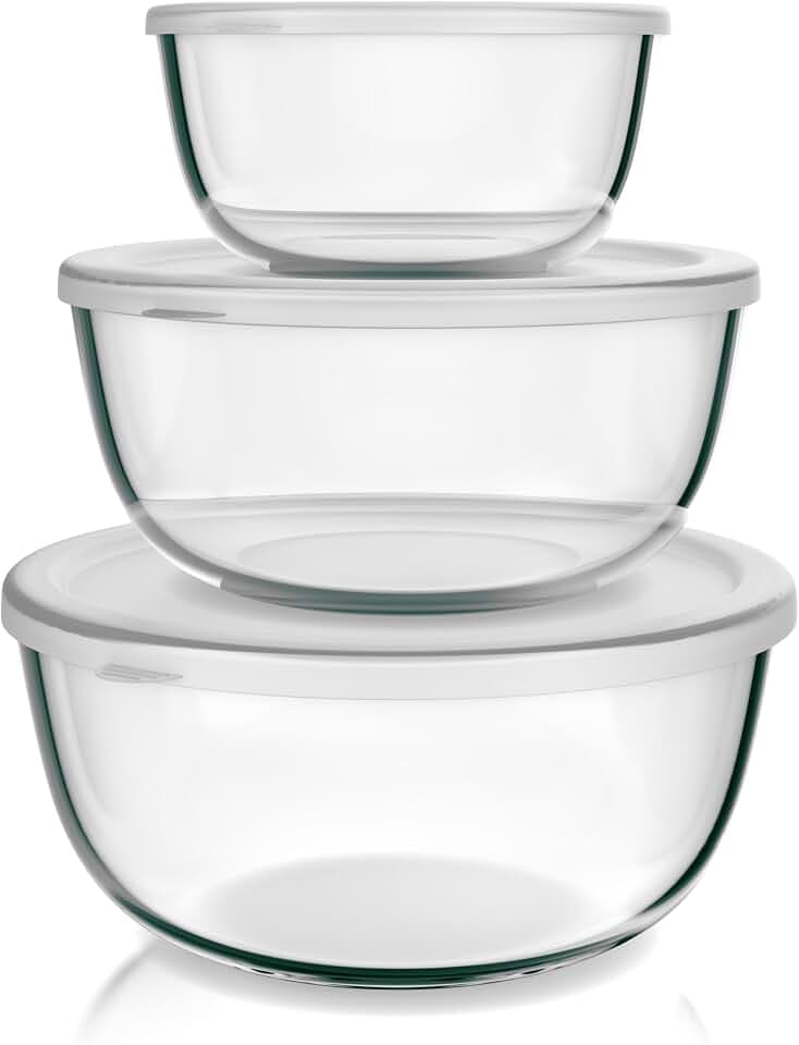 Arendo - Salatschüssel aus Glas mit Deckel - Glasschüssel 3er Set - 1100ml + 2700ml + 4400ml – Rührschüsseln klein bis groß – Borosilikatglas - Glasschale Salatglasschale