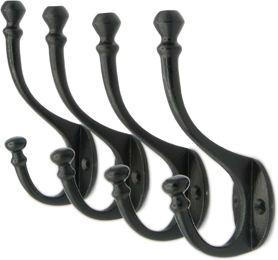 Vintage Cast Iron Wall Hooks (Black, Set of 4) - Rustic, Farmhouse Coat Hooks | Great for Coats, Bags, Towels, Hats | Heritage Select