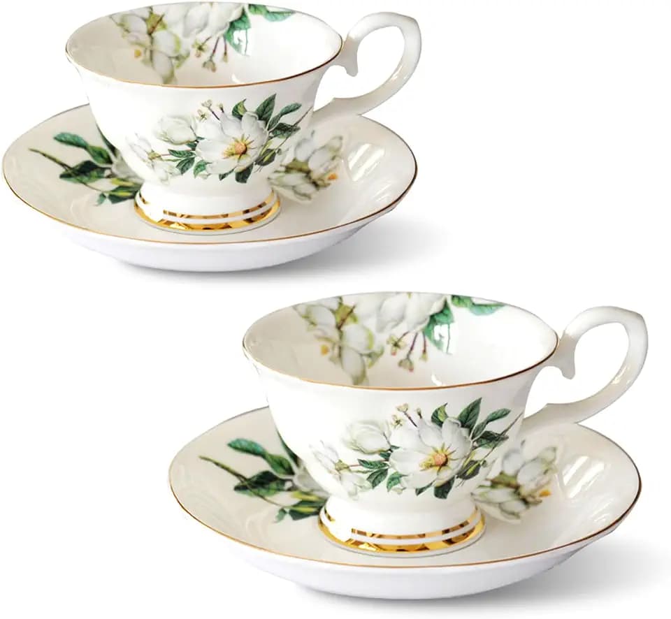Tasse aus Porzellan 2er Set, Bone China Kaffeetassen mit Untertassen 200 ml
