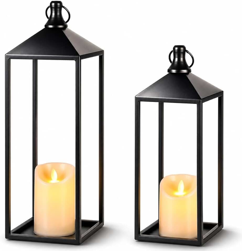 Lanterns Decorative Outdoor Indoor, 17" 13" Set of 2 Black Candle Lanterns