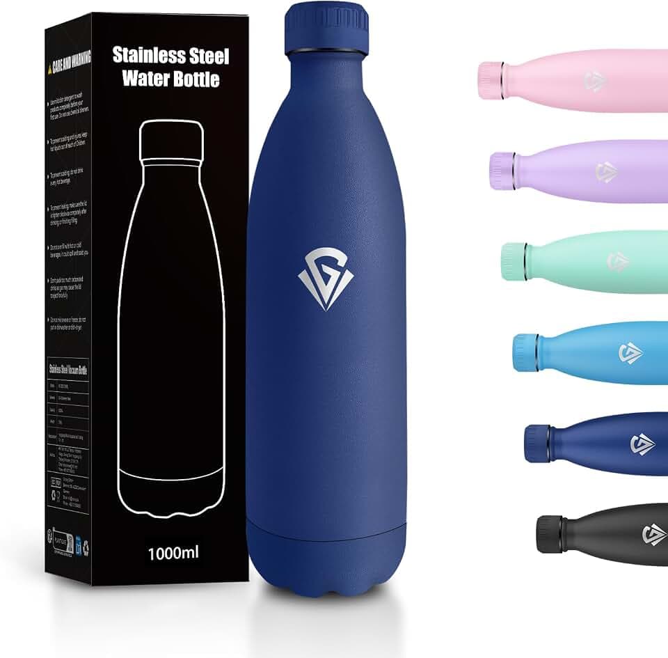 Thermosflasche 1L, Edelstahl Trinkflasche BPA-frei, Isolierflasche Auslaufsicher, Trinkflasche Kohlensäure, Wasserflasche Isoliert für Büro, Uni, Arbeit, Outdoor, Sport, Reisen, Schule, Fahrrad