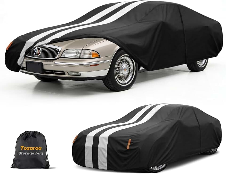 Multi-Layer Car Cover Custom Fit for Buick Riviera (1966-2000), 100% Waterproof All Weather for Automobiles, Gift with Towel, Heavy Duty Car Covers for Rain Sun UV Protection with Door Zipper.