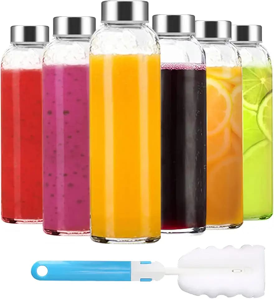 Luxfuel 18 oz Glass Water Bottles, Clear Glass Bottles with Lids 6 Pack