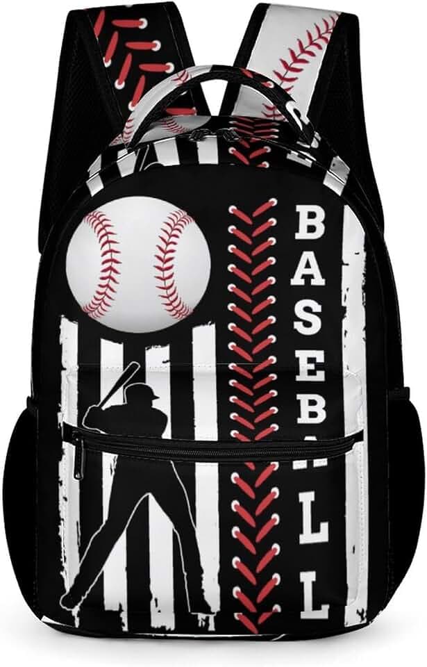 GNEW American Flag Baseball Backpack Boys Baseball School Backpack, Cool Kids Baseball Backpack for Boys, Black White Red Travel Laptop Backpack, Elementary Middle High School Bookbags, 16.5 Inch
