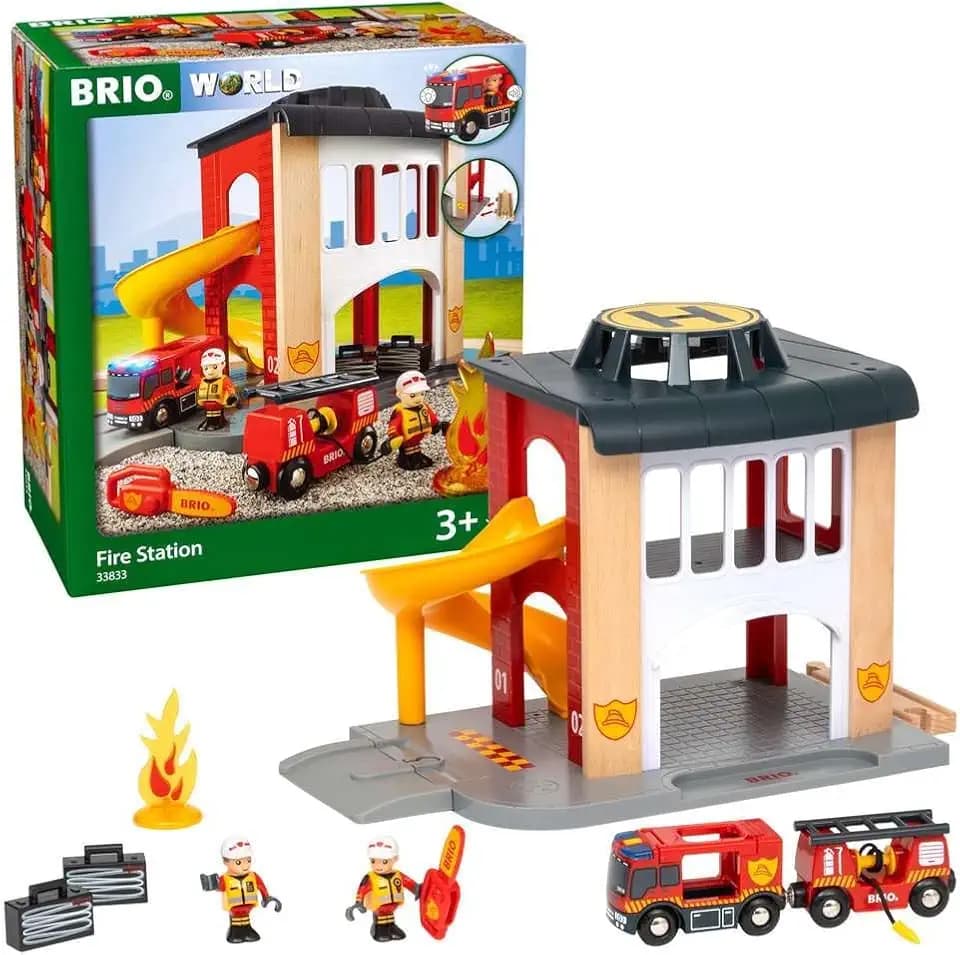 BRIO 33833 World Central Fire Station - Interactive Toy Set with Fire Truck and Accessories | Light and Sound Features | Compatibility with All BRIO Railway Toys | Safety Tested | for Kids Ages 3+