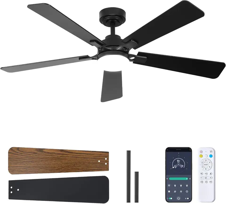52 Inch Ceiling Fan with Lights and Remote, Downrod Mount, Sloped Ceiling Compatible up to 15°, Quiet Reversible DC Motor, 3CCT Dimmable LED, Black Ceiling Fan for Bedroom Living Room