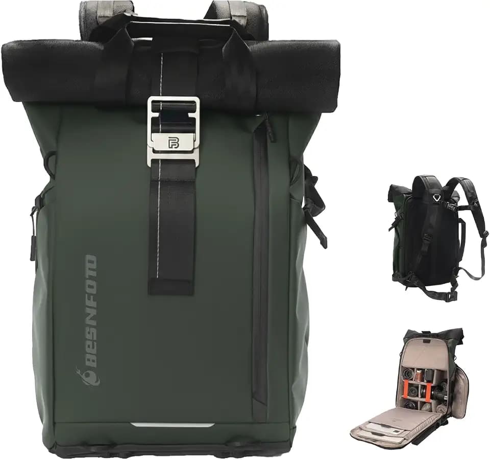 Besnfoto Camera Backpack, Waterproof Travel Camera Bag for Photographer Expandable Roll Top Photography Case for DSLR SLR Mirrorless Camera Fit up to 15.6 inch Laptop with Rain Cover