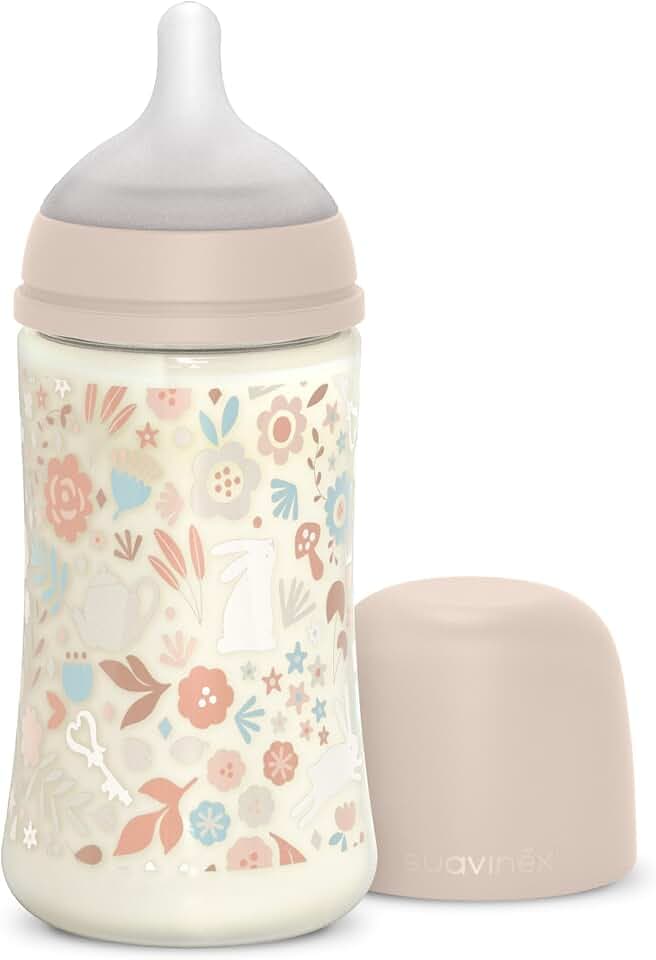 Suavinex, 270 ml Babyflasche, SX Pro Silikon-Sauger, Antikolik-Ventil. Flasche mit mittlerem Fluss-Sauger (M). Babys +0 Monate. Wonderland, Blumen, Rosa
