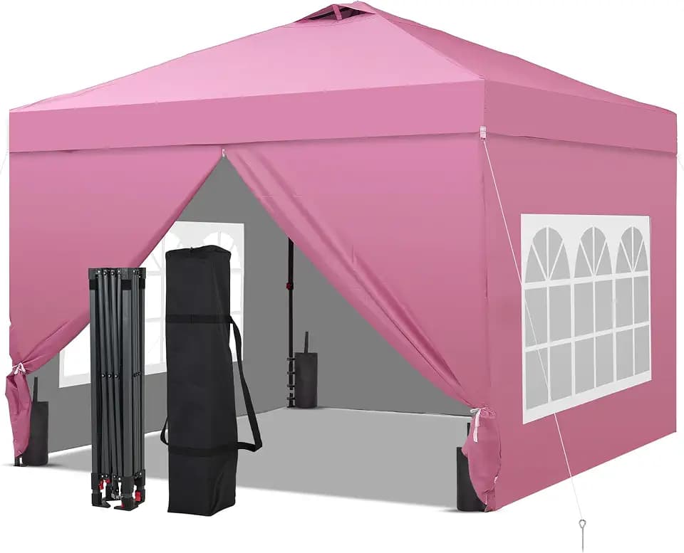 GDY 10x10FT Pop-Up Canopy Tent — with 4-Side Walls & Vented Top, Portable Outdoor Event Tent for Garden, Poolside, Parks, Parties,Camping, Pink.