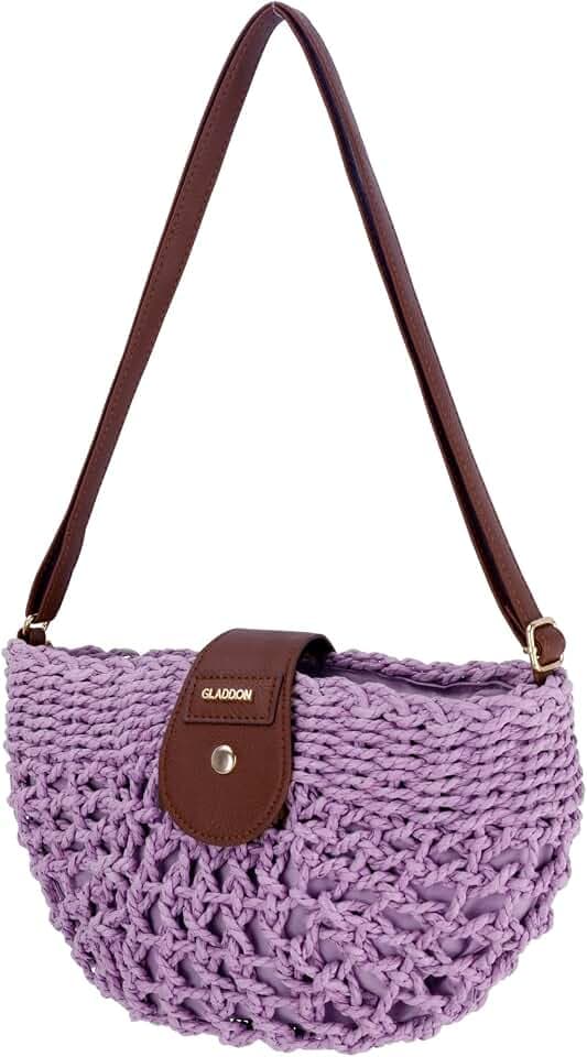 Women's Straw Crossbody Bag, Woven Crescent Purse with Zipper Dual Closure
