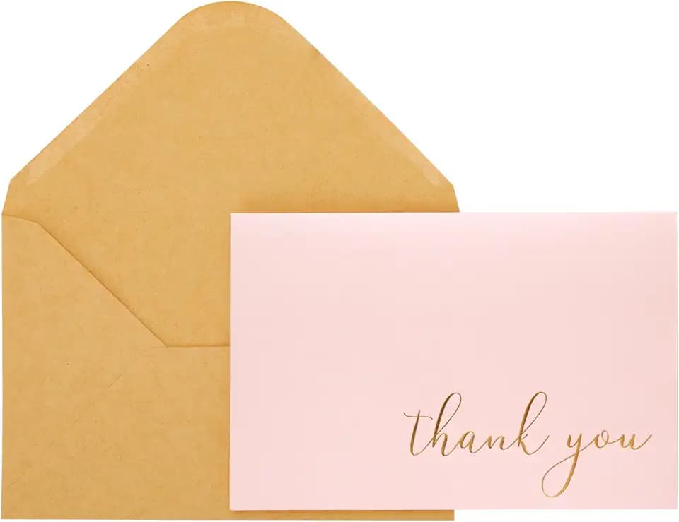 CHRIZ.Z Thank You Cards - Blank 50 Pack Pink Matte Finish Cards with Gold Foiled Thank You Printed with 52 Kraft Envelopes 4" x 6" - for Wedding Bridal Shower Baby Shower Birthday Party (Pink)
