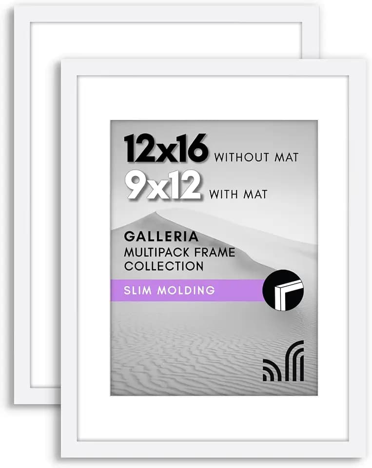 Americanflat 12x16 Picture Frame 2-Pack - Matted to 9x12 - White