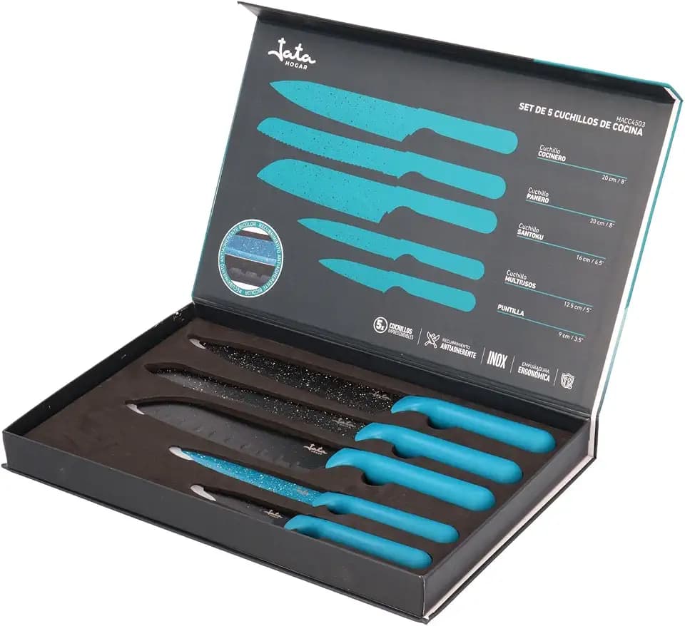 Jata HOGAR HACC4503 Küchenmesser, 5-teilig, mit magnetischer Aufbewahrungsbox, Stahlmesser, Griff aus Polypropylen, einfache Reinigung, Antihaftbeschichtung
