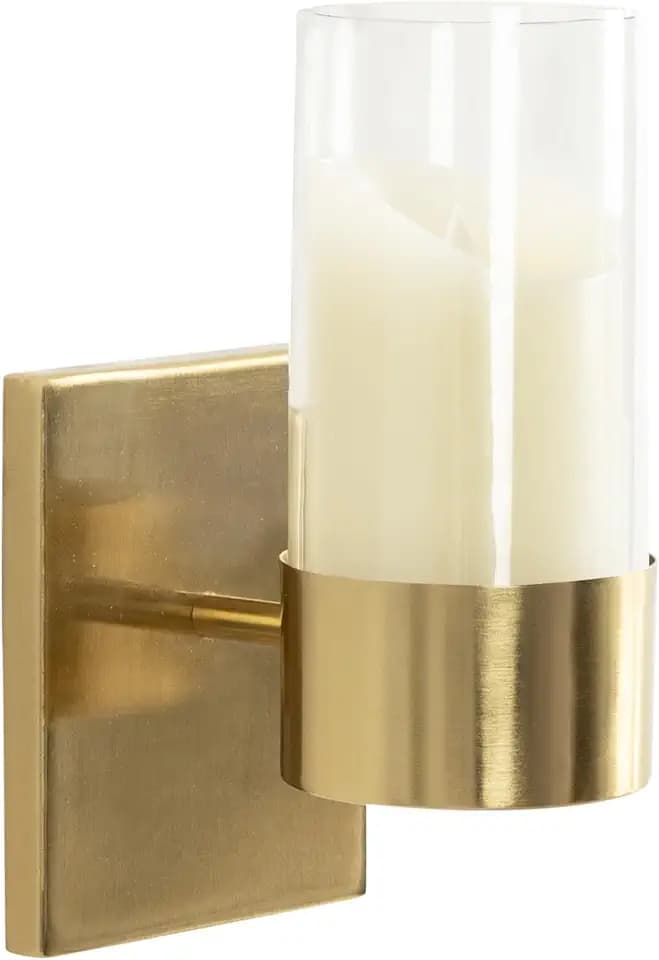 Kate and Laurel Zabler Modern Metal Wall Sconce; 5 x 6 x 10; Gold; Round Candle Holder with Removable Glass Cylinder for Flameless Candle Display in Bedroom or Bathroom