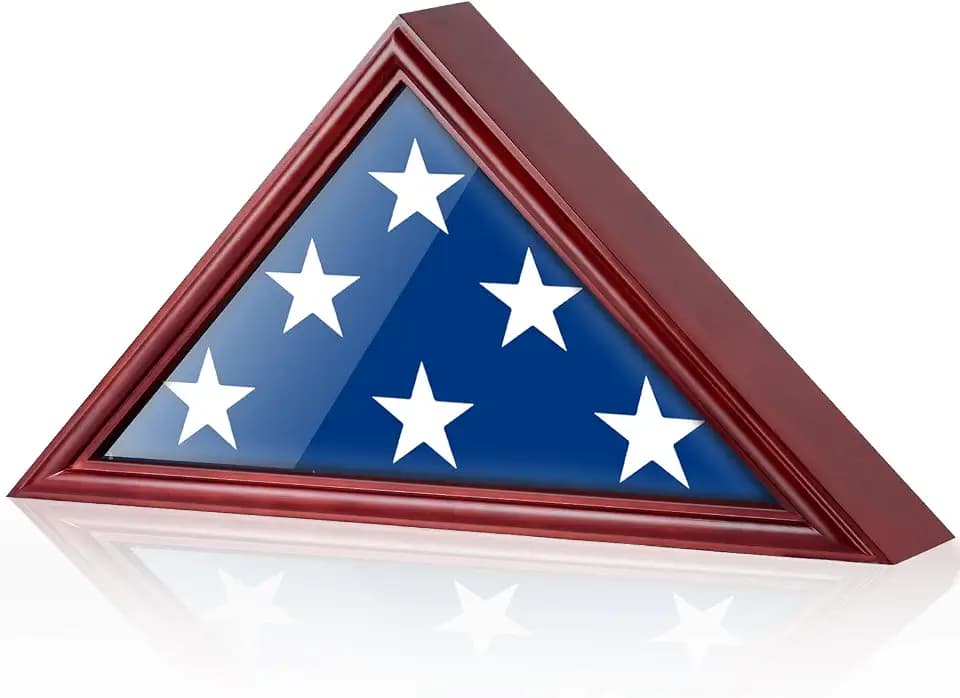 Flag Display Case for 9.5'x5' American Veteran Burial Flag with HD Tempered Glass, Wall Mounted Memorial Flag Holders for Folded Funeral Flag Wooden Triangle Flag Frame Shadow Box, Mahogany