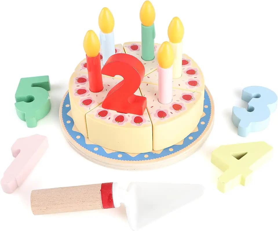 Holz Schneiden Geburtstagstorte Spielzeug Spielen Essen Set DIY Rollenspiel mit Kerzen für Kinder Jungen und Mädchen