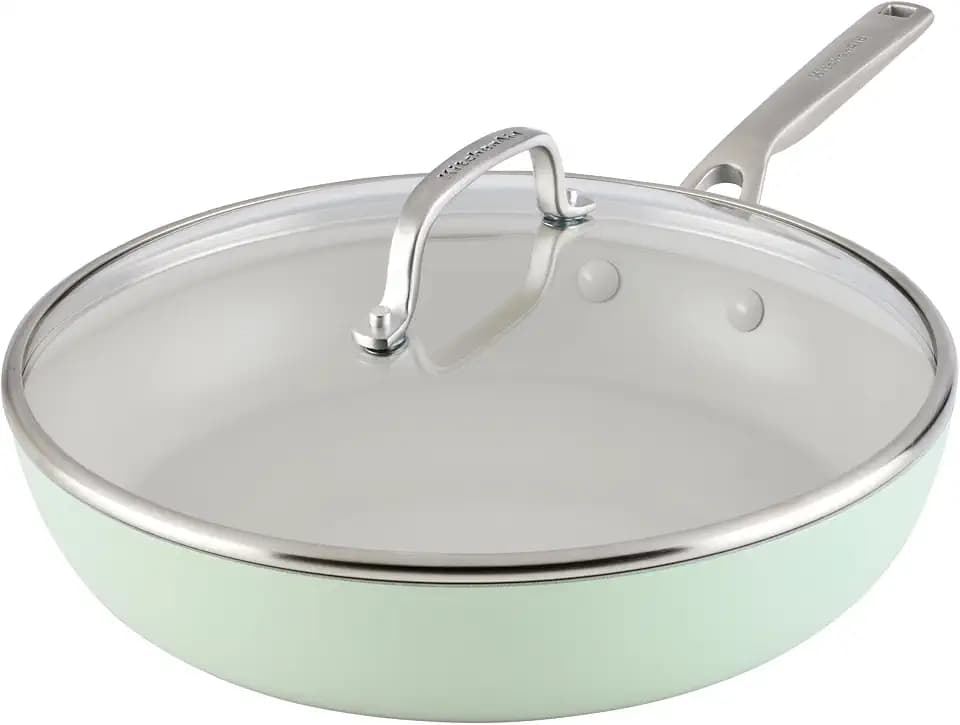 KitchenAid Hard Anodized Ceramic Induction Nonstick Cookware Frying Pan/Skillet with Lid, Dishwasher Safe, 12.25 Inch Non Stick Fry Pan with Stainless Steel Handle - Pistachio