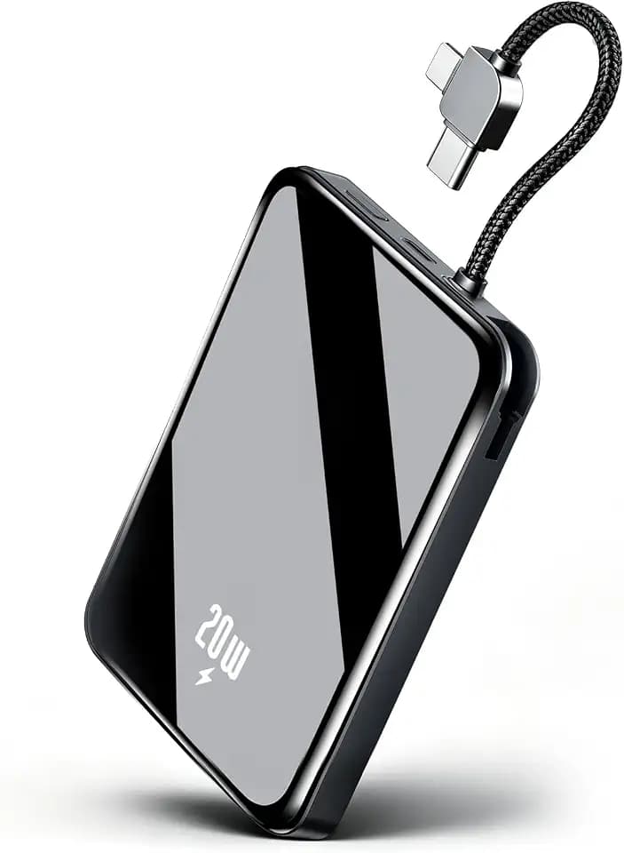 golioklsy Portable Charger Power Bank, 10000mAh Phone Charger with Built-in Cable, 20W PD Fast Charging, Slim Battery Pack with LED Display, Travel Essential for iPhone 17/16/15/14 All Series, Black