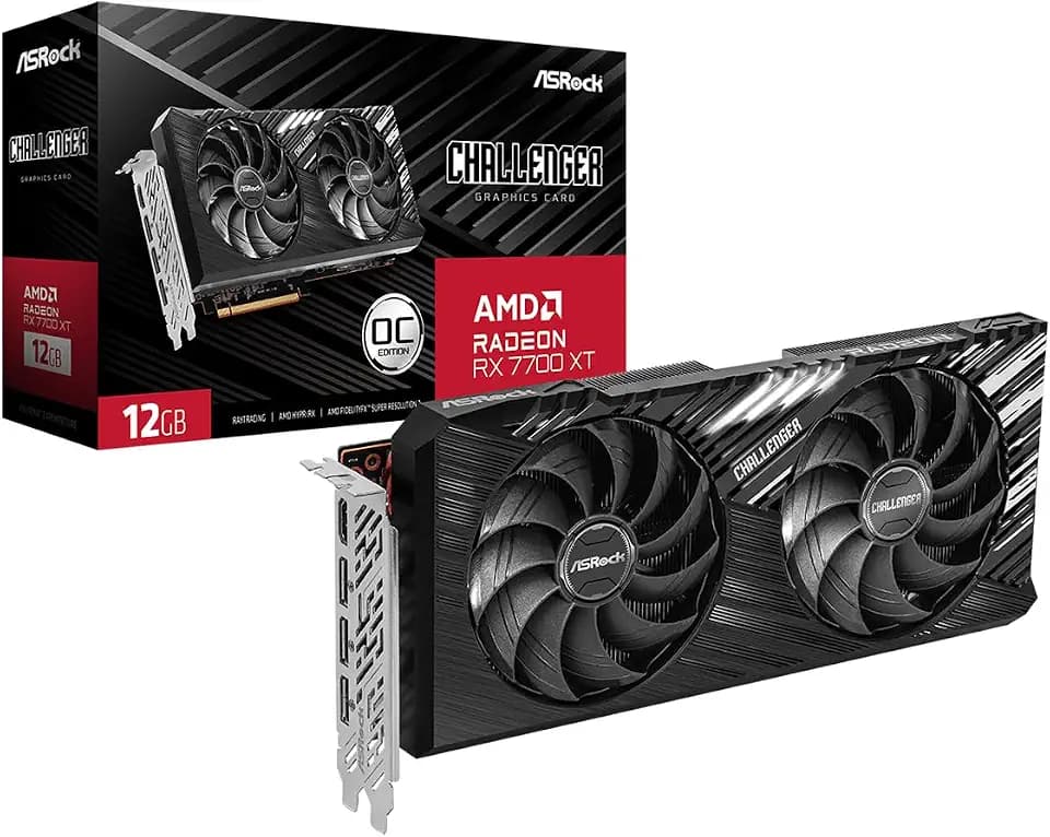 ASRock Radeon RX 7700 XT Challenger 12GB OC Graphics Card, AMD RDNA 3 Architecture, 12GB GDDR6, 2584 MHz Boost Clock, 3X DisplayPort 2.1, 1x HDMI 2.1, Dual Fan Cooling