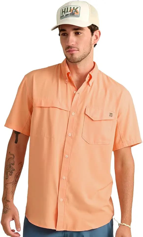 HUK Men's Tide Point Kc Scott Original Artwork Short Sleeve Shirt, Fishing Button Down