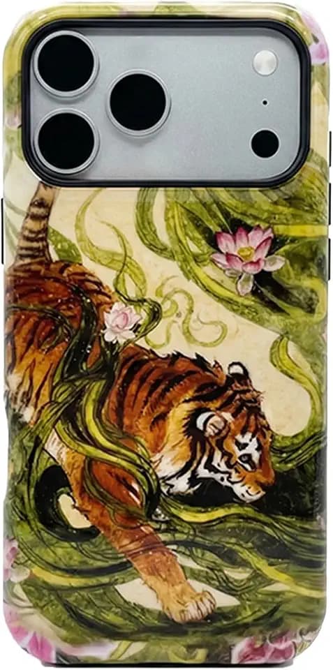 for iPhone 17 Pro Max Phone Case Cute Retro Chinese-Style Tiger Animal Print Made of Hard PC Material, It Provides Full Protection with A Glossy Finish for Women Green