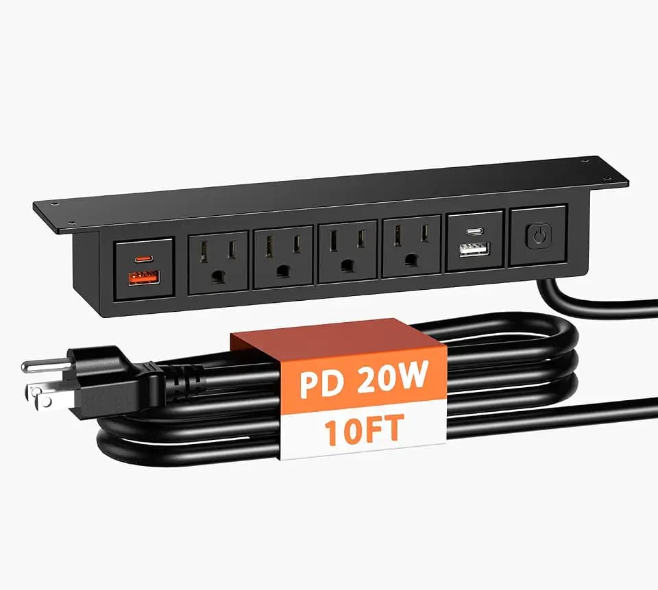 Under Desk Power Strip with 20W USB C, QBA 8-in-1 Desk Outlet Station, 4 AC Outlets, 2 USB-C, 2 USB-A, 10FT Cable, Desk Mount Power Strip for Home Office Conference, ETL Listed(Black)