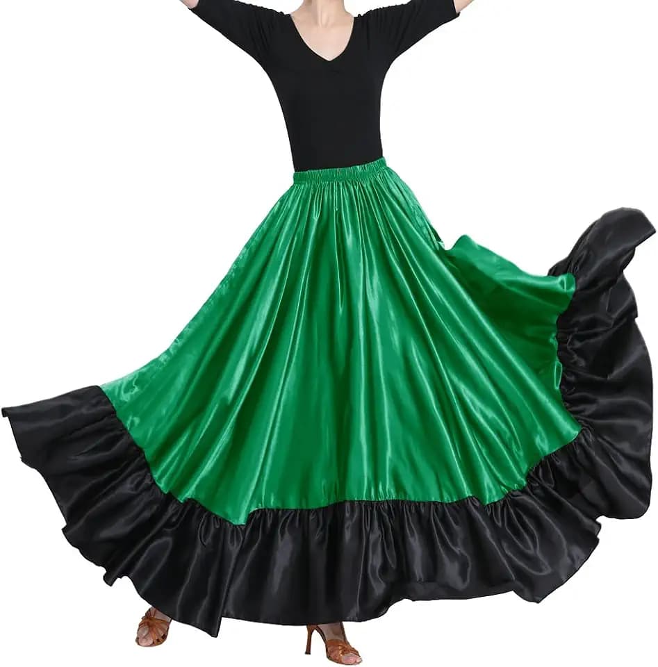 96,5 cm langer Tanzrock aus Satin mit Rüschen für lateinamerikanischen Bauch, folkloristisch, mexikanischer Flamenco, Ballsaal