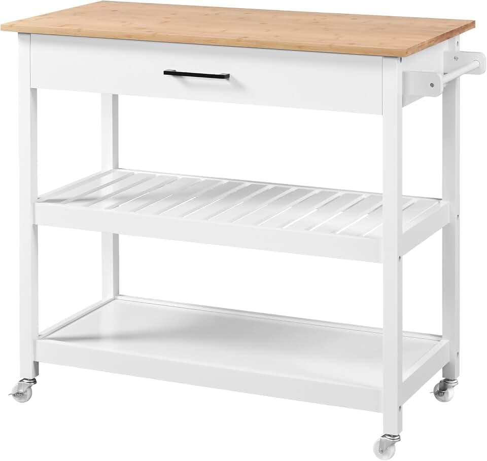 Yaheetech Servierwagen mit Schublade, 51 x 101,5 x 92 cm, Weiß | Küchenwagen mit 2 Ablagen, Rollwagen, Küchenrollwagen mit 4 Rollen, Küchenregal, bewegliche Kücheninsel, Beistelltisch