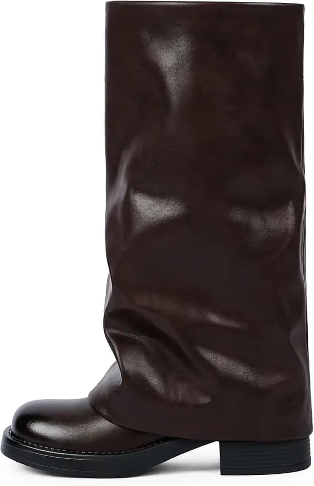 Knee High Boots Women Fold Over Boots Chunky Heel Pointed Toe Tall Boots