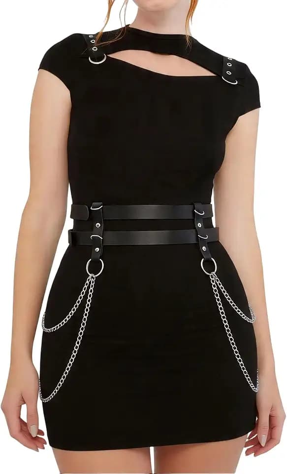 Adjustable PU Leather Double-Layer Chain Belt for Women, Punk Goth Waist Harness with Alloy Chains, Fashion Statement Accessory for Dresses & Outfits (Fit Waist 25.0-36.2in)