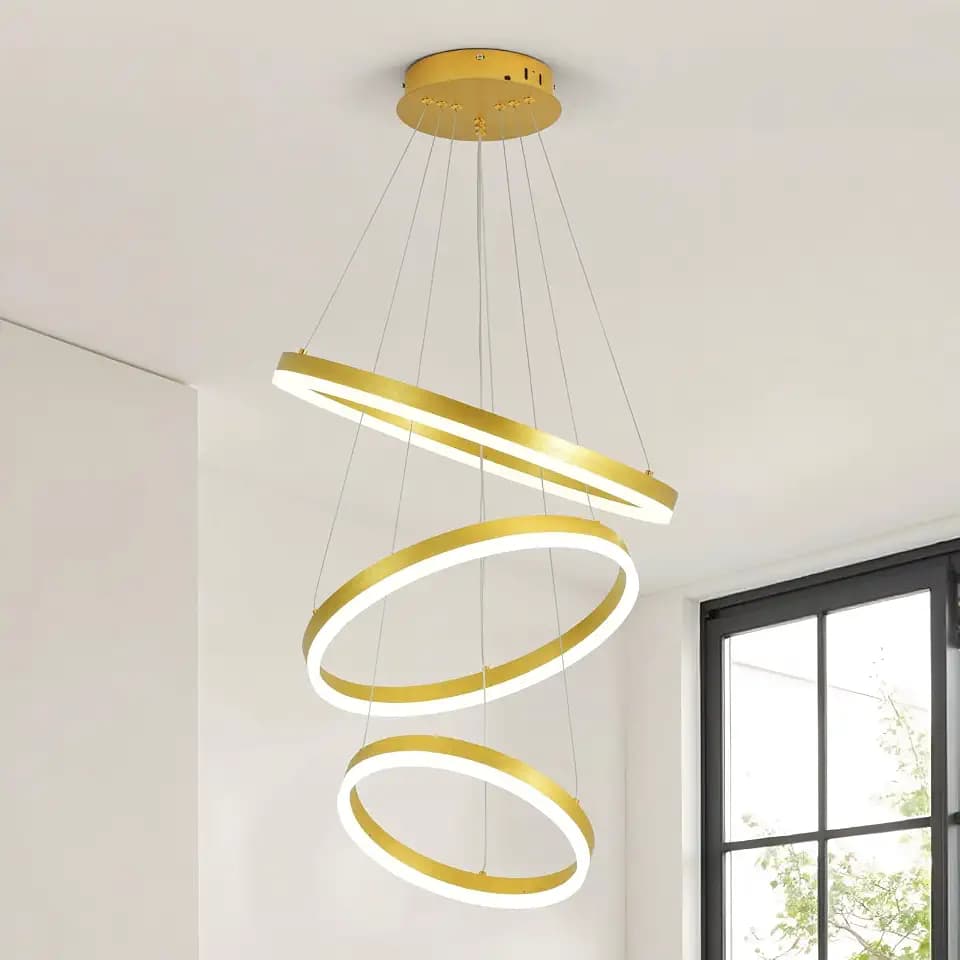 3-Ring Modern Gold LED Chandelier Dimmable Pendant Light with Remote Control Flush Mount High Ceiling Circle Light Fixture for Dining Bed Living Room Foyer 3000K-6500K