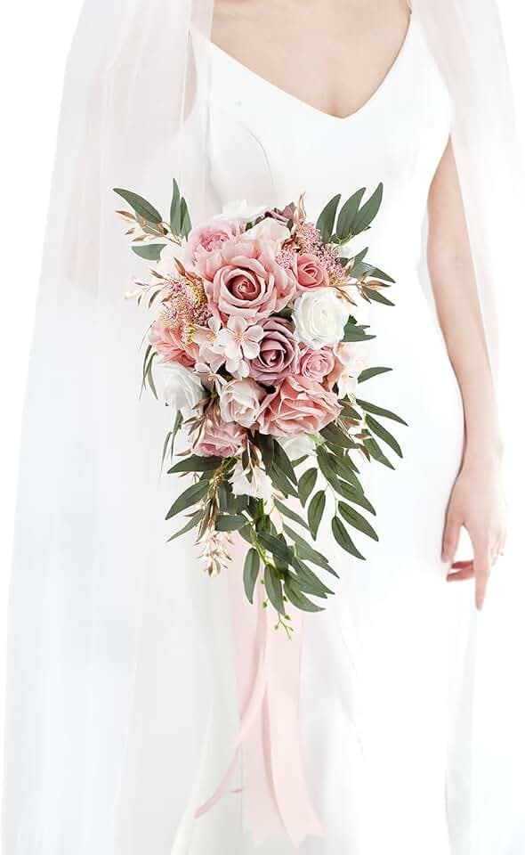 Ansofi 9" Dusty Rose Wedding Bouquets for Bride, Cascading Bridal Bouquet