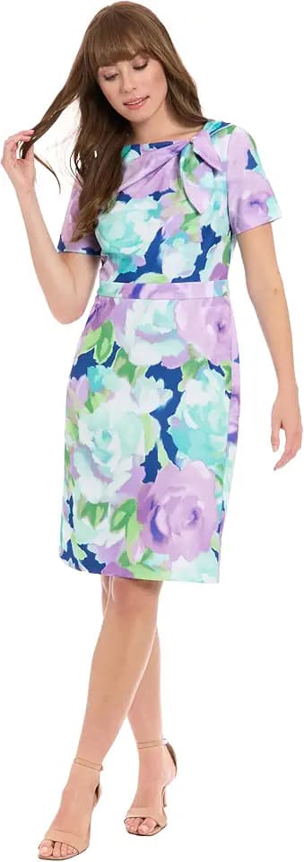 Women's Boat Neck Side Tie Short Sleeve Dress - Above Knee Length - Cocktail Party Summer Dress with Bow Detail