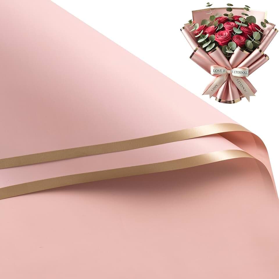 WRAPAHOLIC 20 Sheets Flower Wrapping Paper - 22.4 x 22.4 inch Dusty Pink with Gold Edge Water-Resistant Floral Bouquet Wrapping Paper, Florist Supplies Packaging Paper for Wedding Birthday Gift DIY