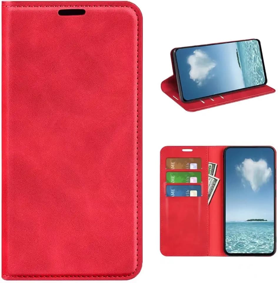 COQUE Hülle für Xiaomi Poco M7 Pro 5G Shell,Slim Ultradünne Lederhandyhülle Flip Cover mit Kartensteckplatz Lederhülle für Xiaomi Poco M7 Pro 5G-Rot
