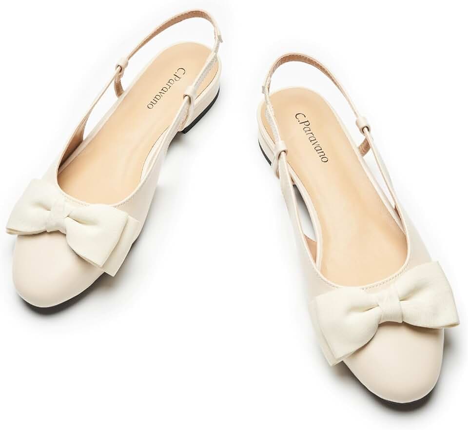 C.Paravano Women's Slingback Dress Shoes | Sandals with Bows for Women| Casual Flat Shoes for Women | Almond Toe Slingback | Detachable Ankle Strap