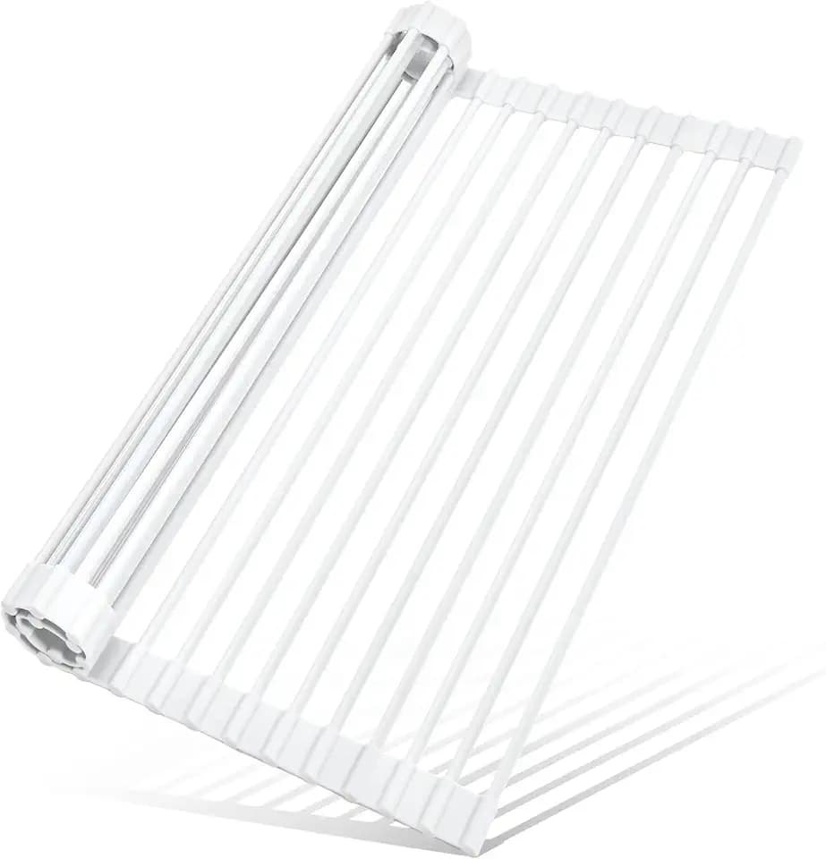 MERRYBOX Roll Up Dish Drying Rack, Silicone Wrapped Over The Sink Dish Rack Foldable Dish Drainer Anti-Slip Dish Racks for Kitchen Counter, Multipurpose Kitchen Sink Drying Rack, 18" x 13", White