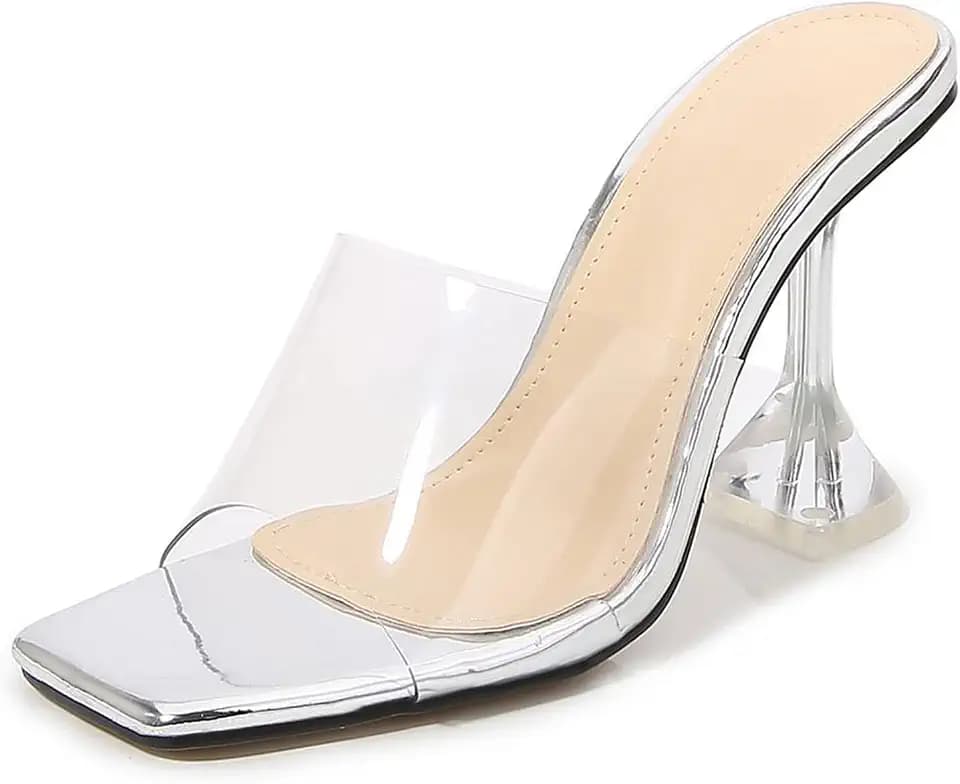 Women's Clear Square Open Toe High Heel Sandals Fashion Slip On Backless Crystal Stiletto Heel Slide Sandals Sexy Wedding Party Prom Dress Shoes 4.5-14 Size