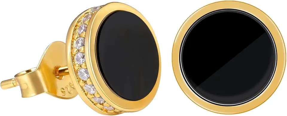VEXXS Men’s Stud Earrings, S925 Sterling Silver Earrings, 18K Real Gold Plated Diamond Earring, Micro Pave 5A Cubic Zirconia Stones Men’s Black Earring