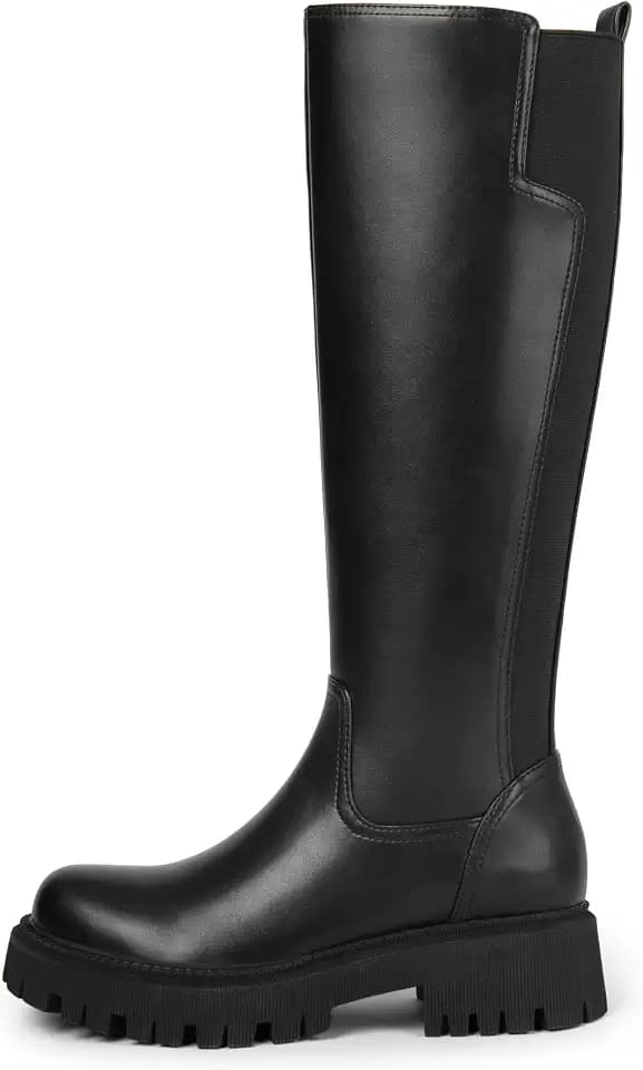 TEAIEUI Womens Low Block Heel Platform Stretch Knee High Boots, Side Zipper