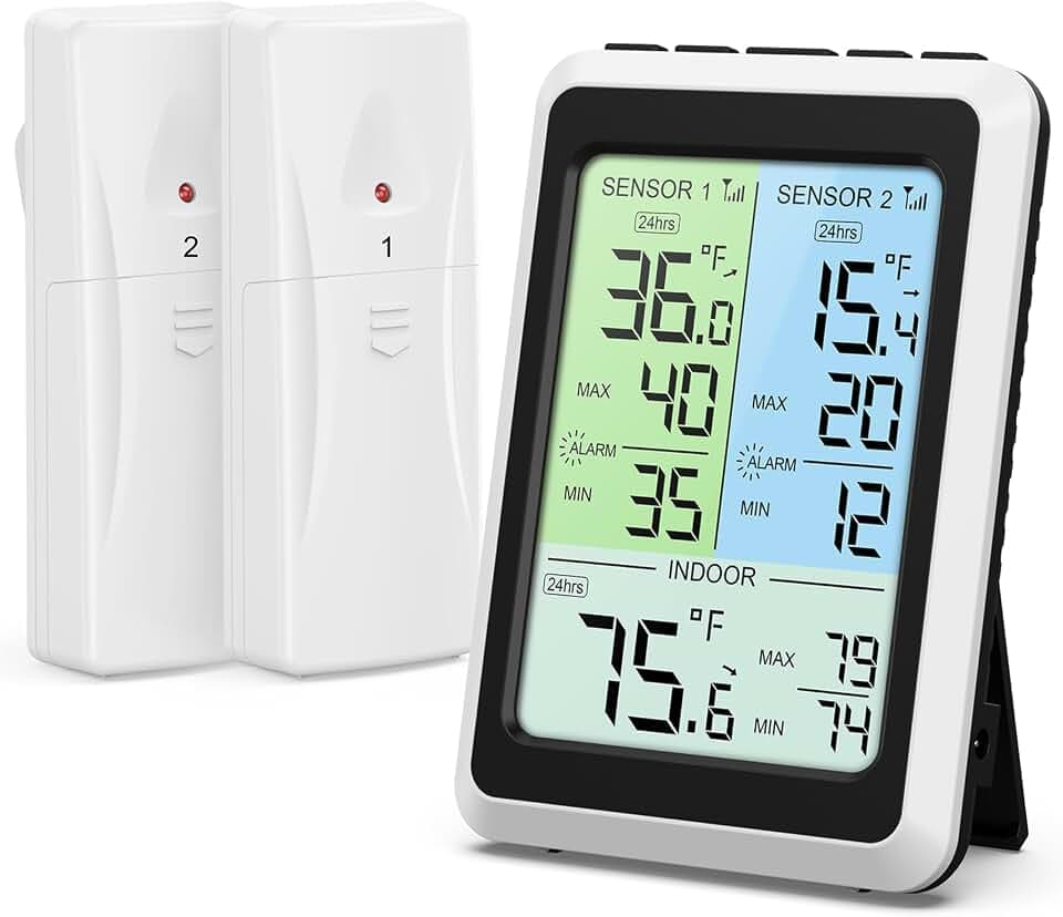 Digitales Kühlschrankthermometer, Kabelloses Kühlschrankthermometer mit 2 Sensoren, Farb-LCD-Display & Max Min Aufzeichnungen, Temperaturalarmanzeige, ideal für kleine Kühlschränke, Küche