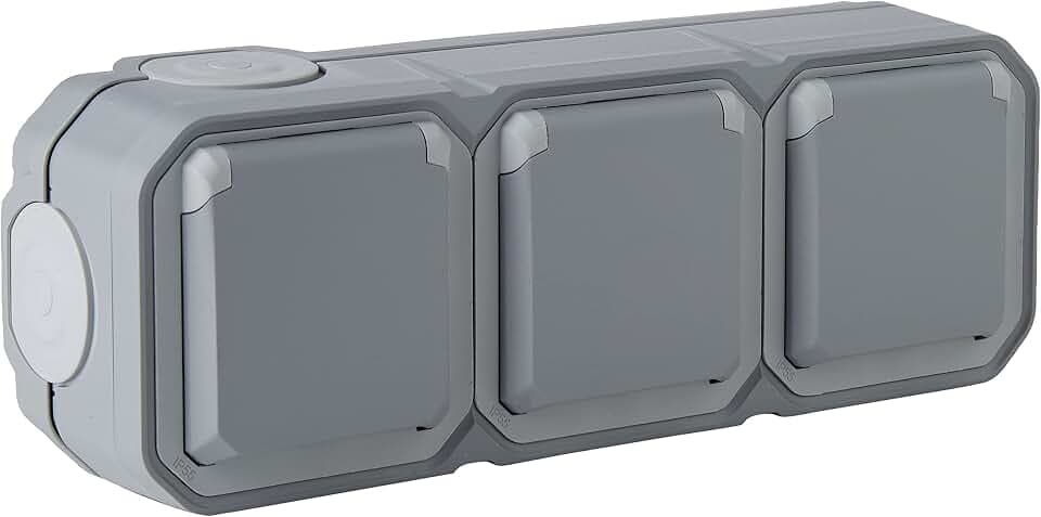 Legrand - Dreifach-Steckdose mit wasserdichter Erdung, vorverdrahtet, mit Plexiglasklappe, 16 A, 250 V, komplett für horizontale Montage in grauem Aufputz